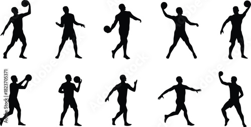 Ten black silhouettes of male athletes playing handball on a white background sports