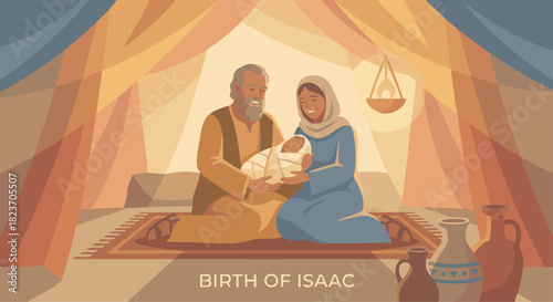 Birth of Isaac
Bible story
Abraham and Sarah smiling as they hold baby Isaac wrapped in simplified flat cloth, warm light filling the tent, geometric draped shapes