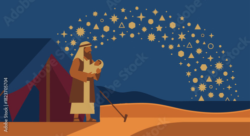 Celebration of the Promise,Bible story
Abraham standing outside the tent at night, cradling Isaac while a sky of stylized star icons glows above, deep blue 