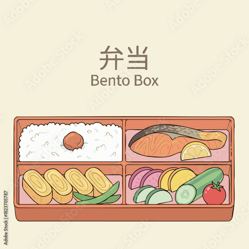 Bento Box (弁当)

A flat vector image of a Japanese bento box with rice, grilled salmon, pickles, tamagoyaki, and veggies. 