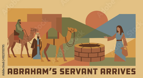 Abraham’s Servant Arrives

The servant and his camels approaching the well in stylized geometric forms, muted earth tones, minimal draped shapes,
