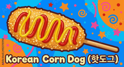 Korean Corn Dog (핫도그)

A flat vector drawing of a Korean-style corn dog coated with crispy batter and sugar, 