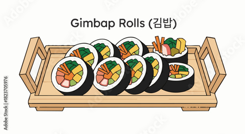 Gimbap Rolls (김밥)

A flat vector illustration of sliced gimbap rolls with colorful fillings—carrot, spinach, egg, crab stick
