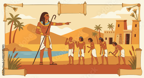 Joseph Sending for His Father
Bible story
Joseph giving instructions to his servants to bring Jacob to Egypt, flat vector figures arranged in clear hierarchy