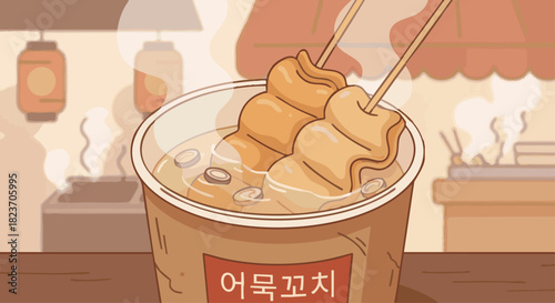 Fish Cake Skewers (어묵꼬치)

A flat vector image of folded fish cake skewers simmering in hot broth, served in a paper cup. 