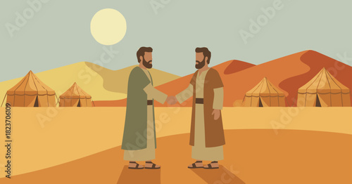 Jacob and Laban’s Agreement

Jacob and Laban standing face-to-face shaking hands, geometric silhouettes, stylized tents and hills in background, 