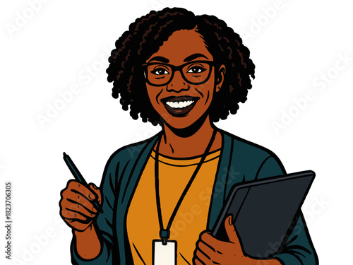 happy woman with glasses holding a stylus and digital tablet, representing modern art and creativity. Generative ai vector colorful pop art illustration.