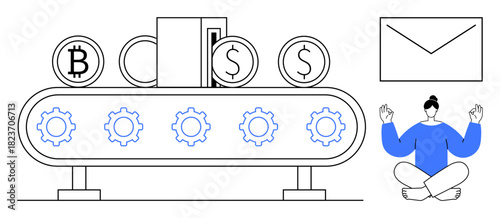 Conveyor with coins, gears, and devices meditating individual beside envelope. Ideal for automation, cryptocurrency, economy, efficiency, mindfulness productivity startup concepts. Simple flat