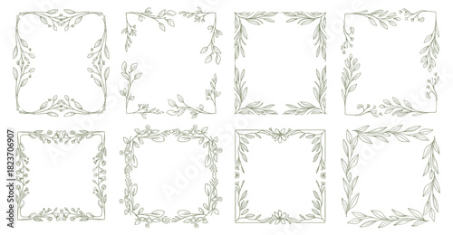 Botanical square frames made with delicate line art. Light leaves create natural elegant look. Balanced composition gives soft airy feeling