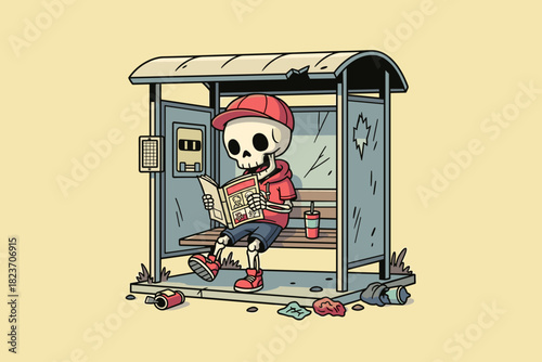Skeleton character reading a book at a bus stop.