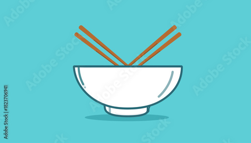 Illustration of a white bowl with chopsticks on a blue background.