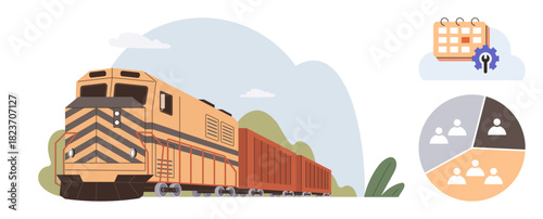 Freight train moving on tracks, analytics pie chart, and calendar gear concept highlight transportation, logistics, planning, teamwork, process efficiency, supply chain, simple flat metaphor