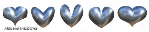 Set silver 3D heart inspired by y2k chrome design. Sleek metal texture adds shine a chrome and metal 3D vision of love.