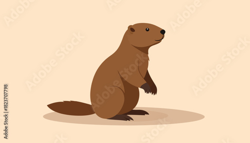 Illustration of a brown beaver standing on its hind legs, looking to the right, with a flat tail and small feet.