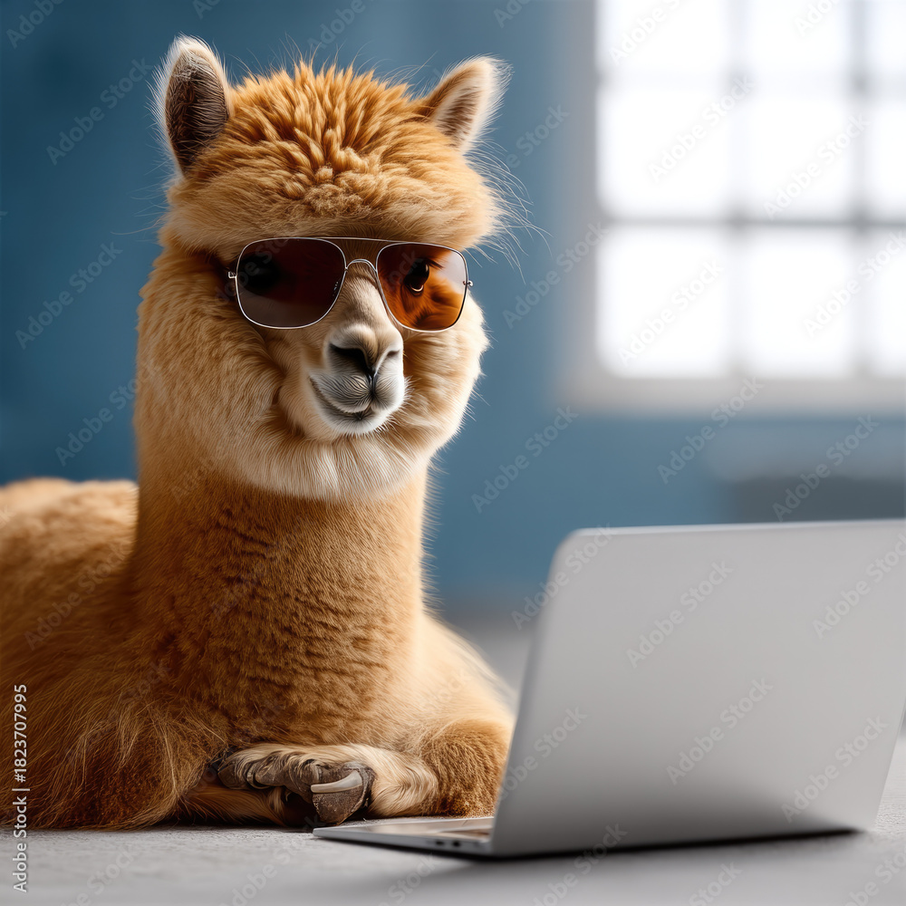 Obraz premium Bright yellow alpaca with sunglasses using laptop, modern interior, playful mood, creative workspace, digital lifestyle