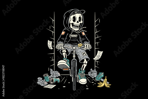 Skeleton Rapper Riding a Bicycle with a Hoodie and Sneakers.