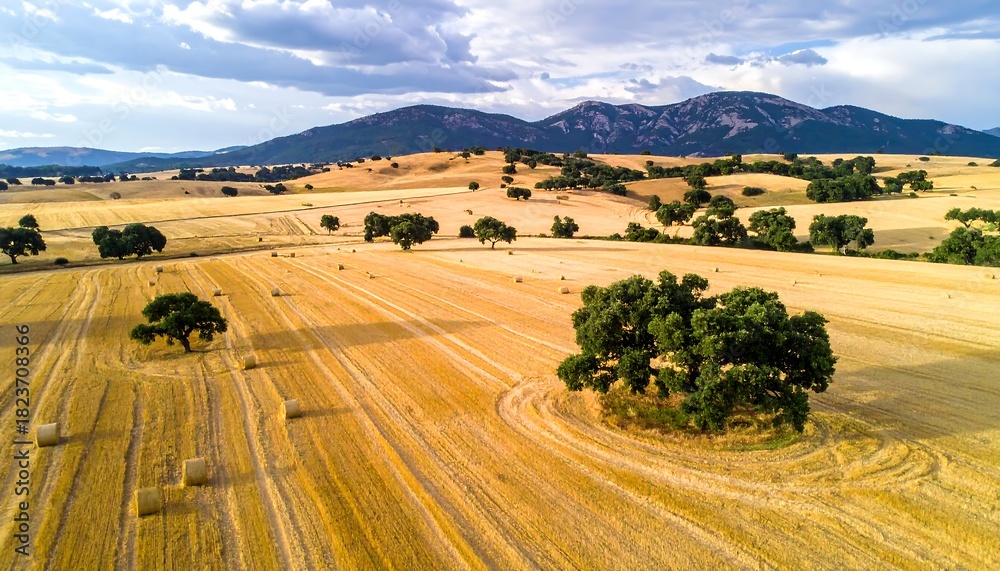 Obraz premium A golden field marked by straw lines, dotted with trees, leads to distant mountains under a bright sky