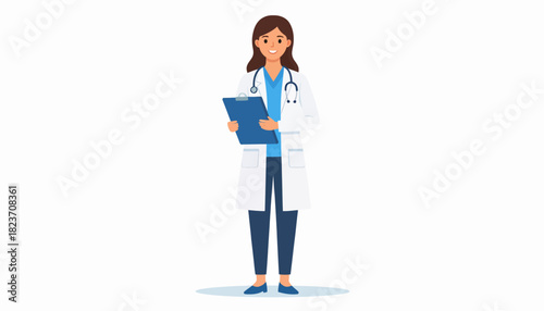 Female doctor in white coat holding clipboard, standing on white background.