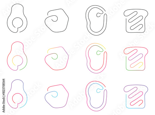 Minimalist food icons in vibrant colors featuring avocado egg steak and toast delicious breakfast and brunch