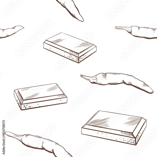 Vector chocolate bars with with hot pepper in black and white seamless pattern.Minimalist illustration for packaging, branding, food design, and print projects. Clean, elegant, modern style