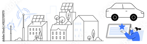 Urban buildings with solar panels, wind turbines, eco-friendly car, and a person using a device. Ideal for sustainability, renewable energy, innovation, green technology, eco-living modern urban