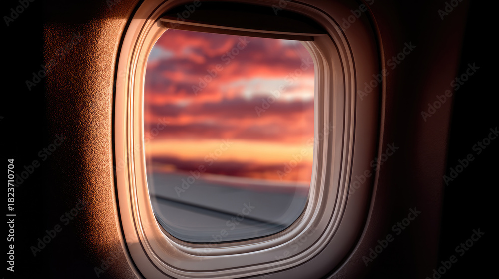 Naklejka premium Airplane window sunset view with vibrant clouds, warm light, and peaceful sky, creating tranquil travel atmosphere