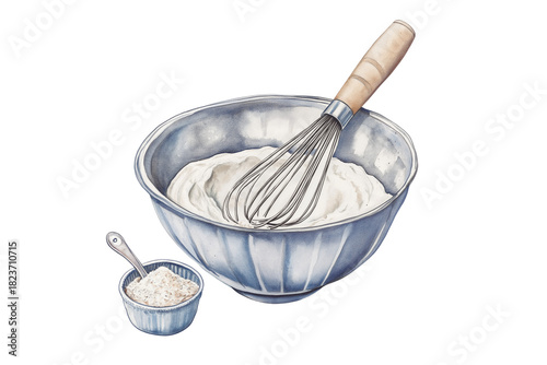 Watercolor Mixing Bowl with Batter, Whisk, and Baking Powder PNG
