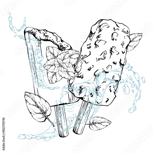 Chocolate and nuts coated popsicle ice cream lolly with fresh mint garnish, splashing water waves, drops. Vector graphic line illustration hand drawn in ink. Artisan branding, cafe flyer, sweets wrap