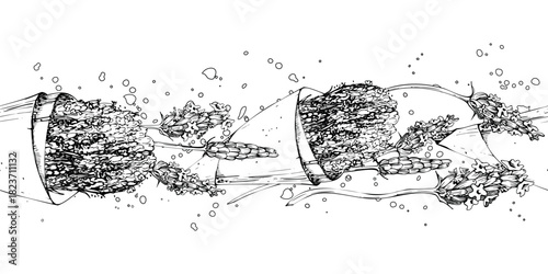 Blooming lavender lavandula flowers in craft paper cone secured with wax seal, gift tag. Isolated seamless banner hand drawn in vector ink. Farmers market, Provence souvenirs, interior design crafts