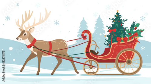 Vector illustration of a Christmas deer carriage in a flat design style, featuring a serene winter scene with a majestic deer harnessed to a vintage carriage