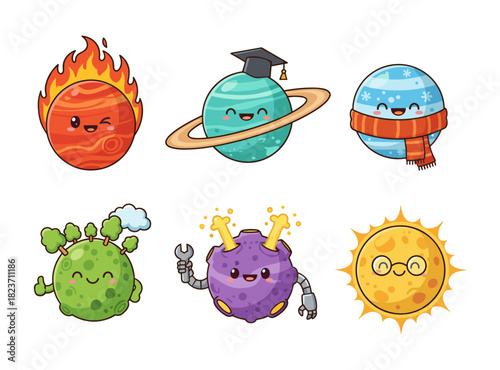 Cartoon planet characters and stars in space