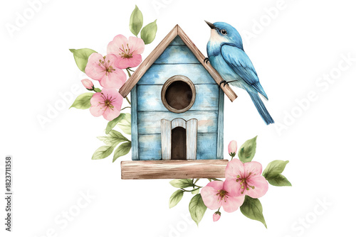 Watercolor Birdhouse with Flowers Isolated on Transparent Background