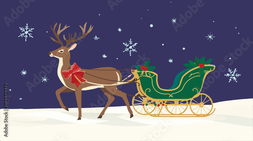 Vector illustration of a Christmas deer carriage in a flat design style, featuring a serene winter scene with a majestic deer harnessed to a vintage carriage