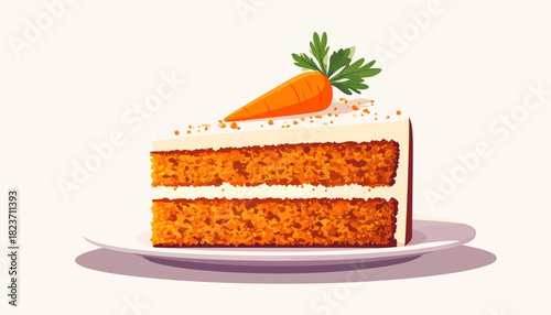 Illustration of a slice of carrot cake with cream cheese frosting and a carrot garnish on a white plate.
