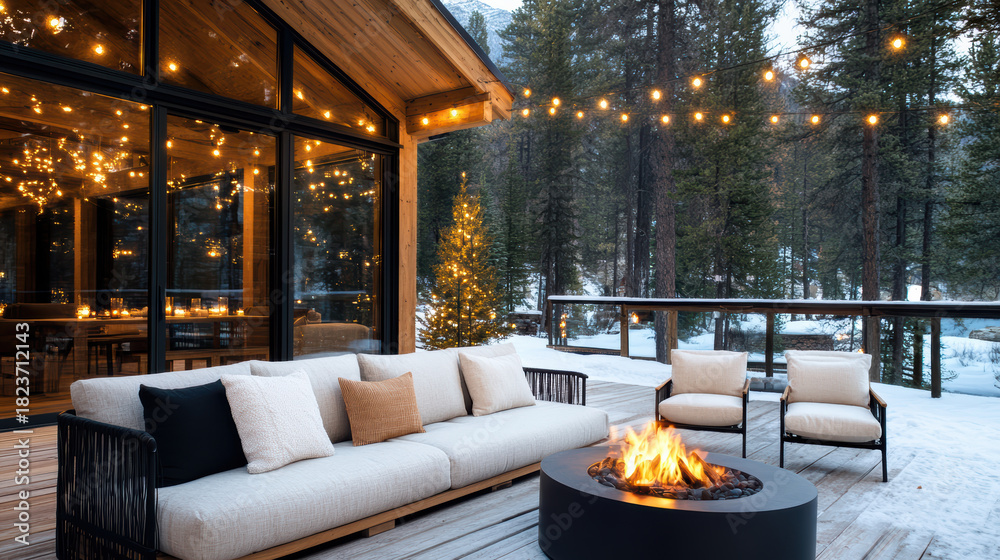 Naklejka premium Cozy outdoor seating with fire pit on snowy deck illuminated by string lights and forest