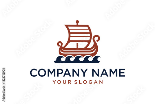 Stylized Viking Ship Longboat Logo on Waves for Company Branding