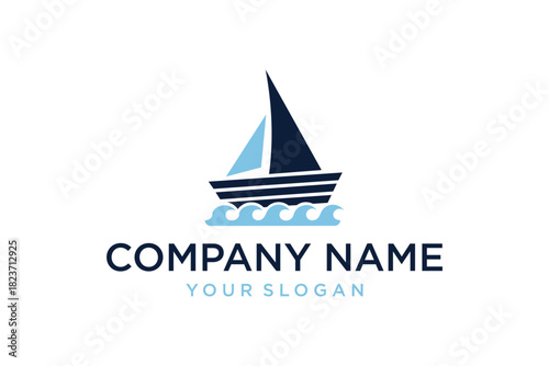 Minimalist Sailboat Logo with Blue Sails and Stylized Waves for Maritime Business Branding
