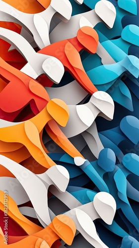 A dynamic, abstract depiction of multiple stylized human figures in motion, rendered in vibrant shades of orange, blue, and white, suggesting a race or competit