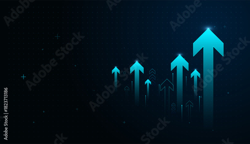 Multiple blue neon arrows ascend against a dark digital grid, illustrating upward momentum, success, and data-powered advancement. Ideal for technology, analytics