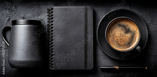 black leather background with a laptop, notebook, and coffee cup on the right side. top view of an office desk table with copy space for text or design. black color background.