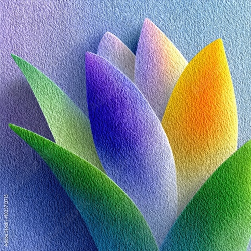 Close-up abstract view of layered flower petals in shades of green, purple, white, and yellow, set against a textured blue background.