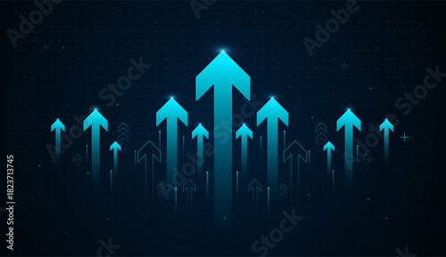 A digital background featuring glowing blue arrows rising upward, symbolizing technology growth, innovation, and increasing performance. Perfect for business, finance with glowing blue upward arrow