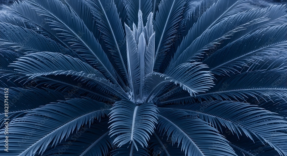 Fototapeta premium Close up of dark blue cycad palm fronds with central growth leaves foliage