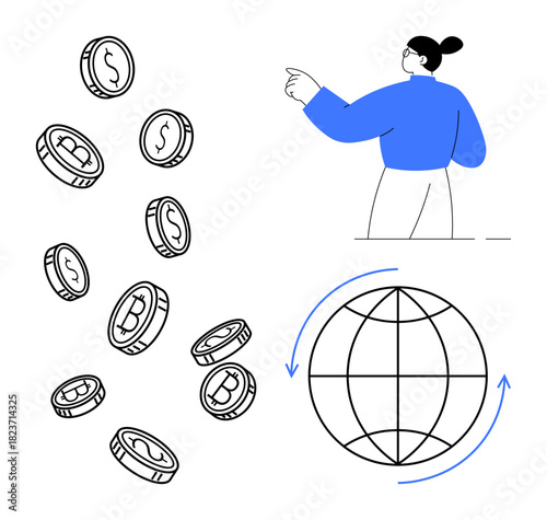 Woman gesturing toward floating coins with dollar and bitcoin signs, accompanied by a rotating globe icon. Ideal for global commerce, cryptocurrency, fintech, economy, digital transactions