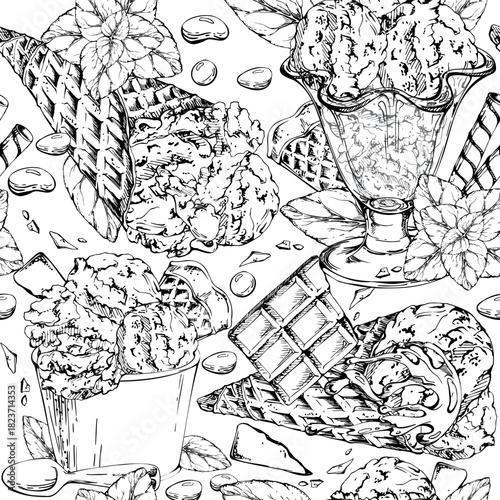 Waffle rolls, syrup drizzle topping on chocolate chip gelato in cone, plastic cup, glass dish hand drawn in ink. Vector graphic seamless pattern line illustration. Picnic decor, frozen product sheet