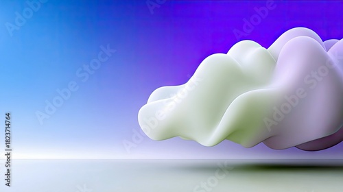 A smooth, amorphous, flowing shape in pastel colors, suspended against a blue and purple gradient background. The form appears soft and organic, with subtle sha