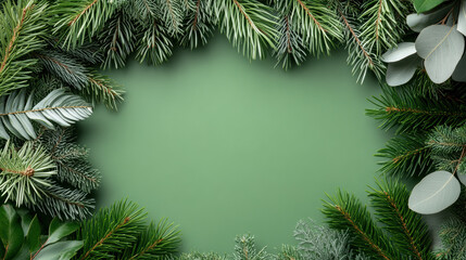 Evergreen fir and eucalyptus border with empty green center, festive calm mood