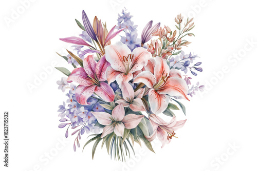 Watercolor Floral Bouquet with Lilies and Blossoms Isolated PNG. Lovely Floral Watercolor Bouquet Clipart.