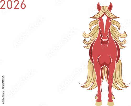 A red cartoonstyle horse faces forward and the number 2026 is in the upperleft corner