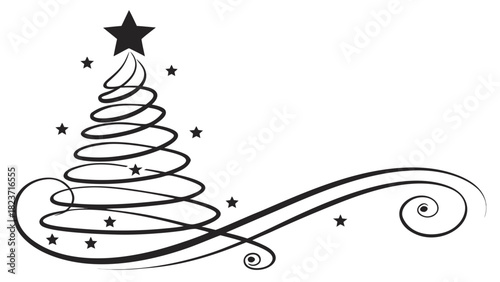 a sophisticated, minimalist vector illustration featuring a stylized Christmas tree and decorative swirl, rendered in solid black on a white background.